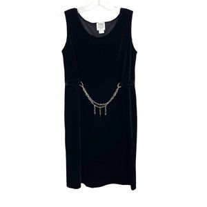 Vintage Black Velvet Tank Dress Built-In‎ Silver Chain Belt - Size 8 Petite